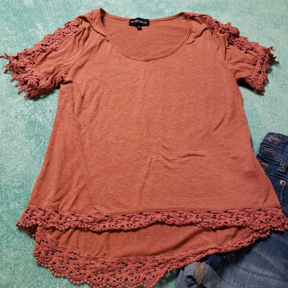 My Michelle boho tshirt with crochet lace sz M